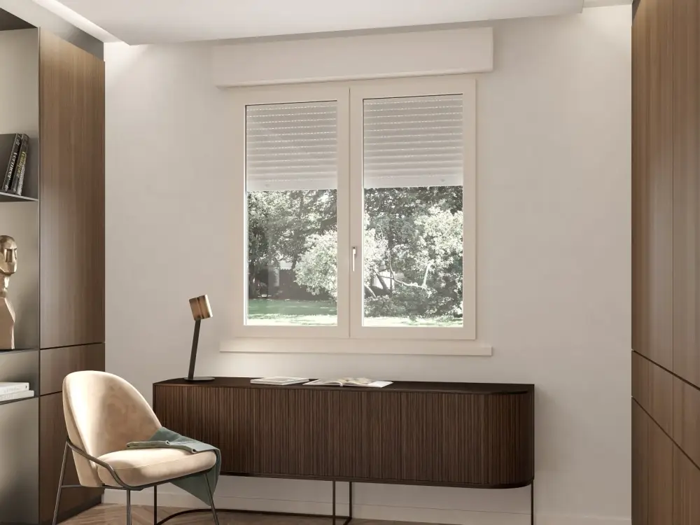 Home office with window overlooking a yard