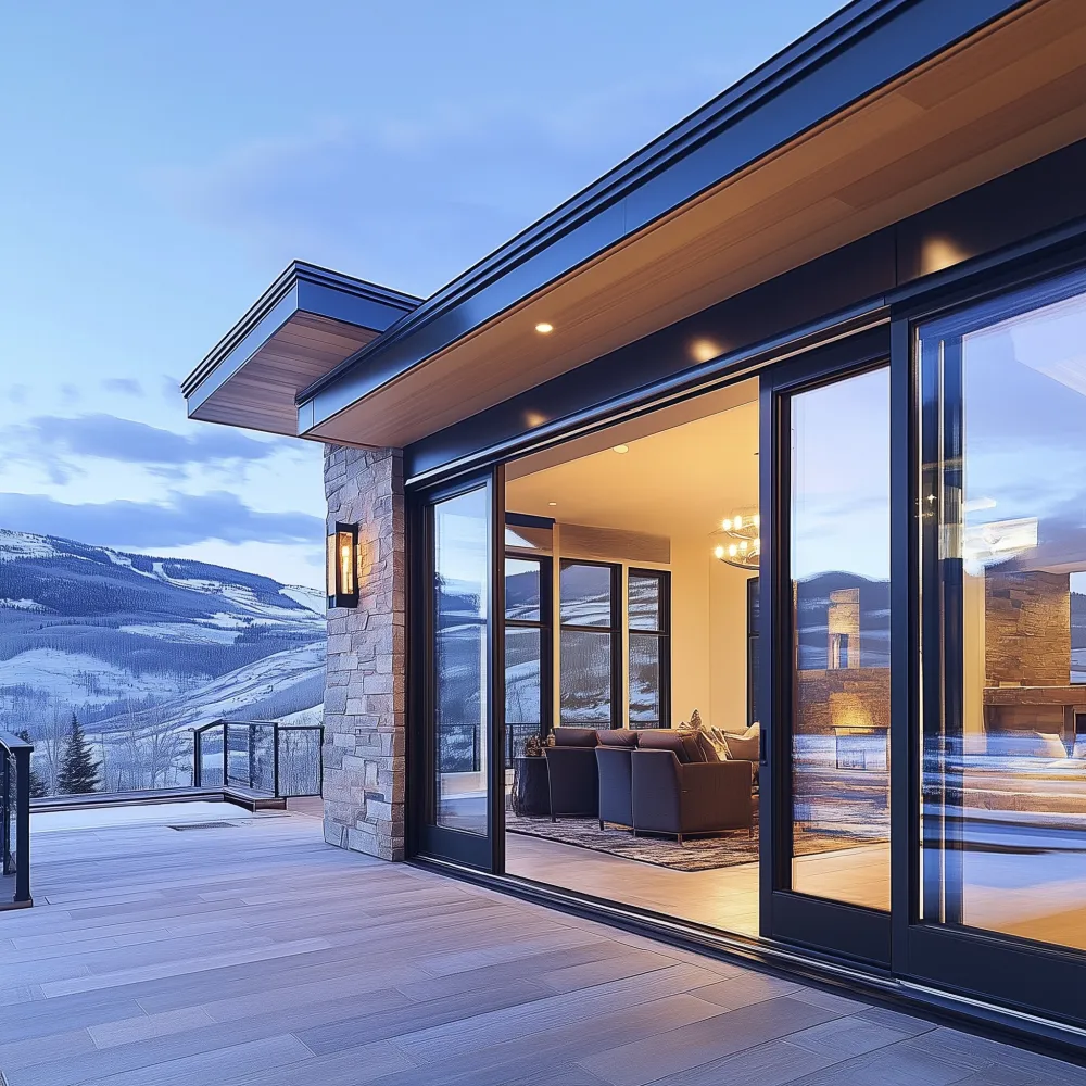 deck with door overlooking snowy mountain